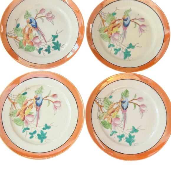 Vintage Chikaramachi Japan Bird Plates | Set of 4 Copper Rim Dessert Plates - Picture 1 of 5